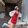 Retro Spicy Girl Red Pleated Spaghetti Strap A-Line Mini Dress - Women's Summer Vacation Slimming Waist Style
