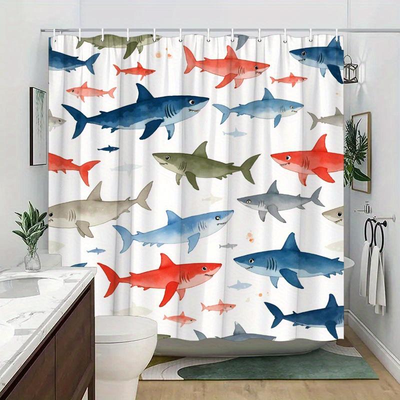 Colorful Shark Shower Curtain Cartoon Fish Pattern Polyester Bath Curtain with 12 Hooks for Kids Bathroom Decor