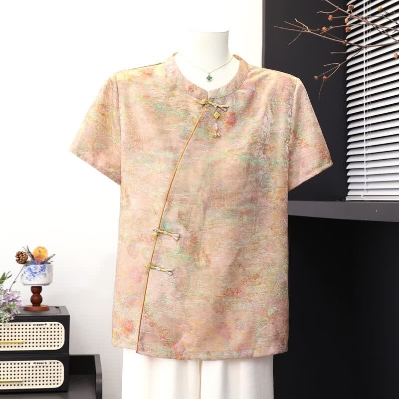 Datang Furen New Chinese Style Floral Print Short Sleeve Top