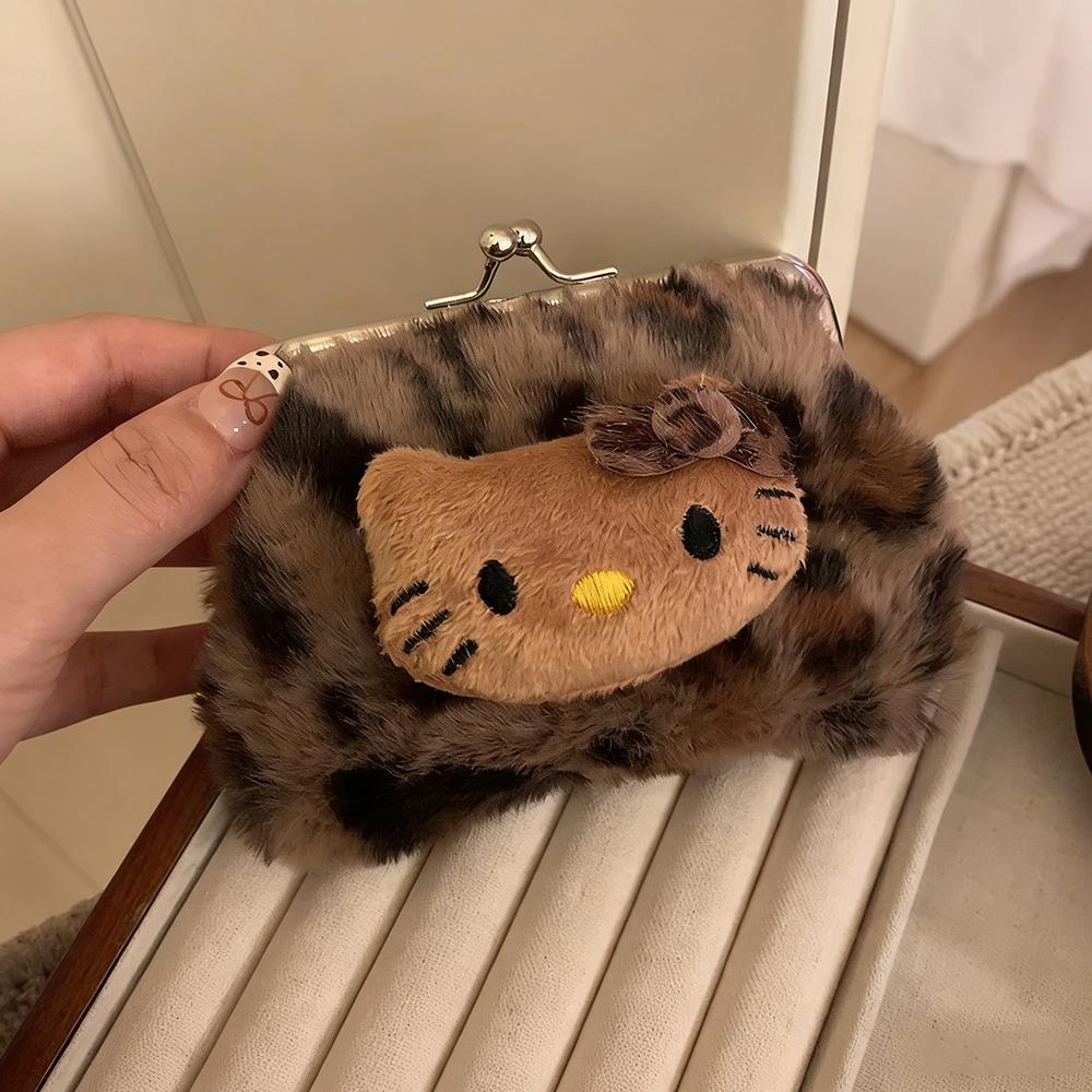 Sanrio Cute Retro Leopard Print Plush Cat Portable Storage Bag/Leopard Print Coin Purse/Stylish Cartoon Bag Keychain
