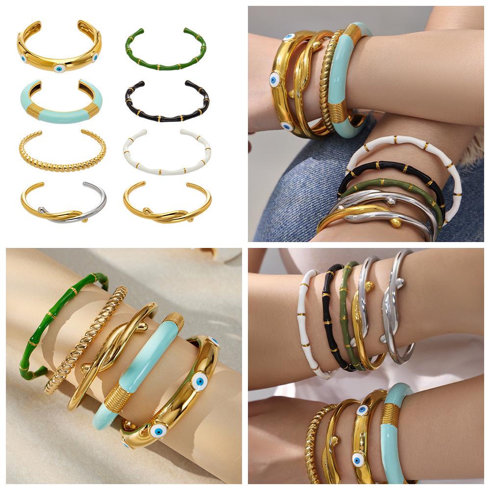 18K Gold-Plated Stainless Steel Geometric Bamboo Joint Multi-Color Cuff Bracelet Set