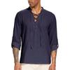 Cămașă de pirat pentru bărbați, medievală, vikingă, cu guler Henley, cu șnur, din bumbac și in, cu șireturi, cu gât în V, topuri de plajă pentru primăvară-vară
