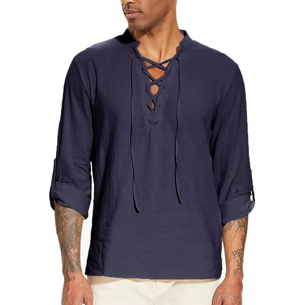 Men's Pirate Shirt Medieval Viking Henley Collar Shirts Drawstring Cotton Linen Lace Up V Neck Shirts Beach Spring Summer Tops