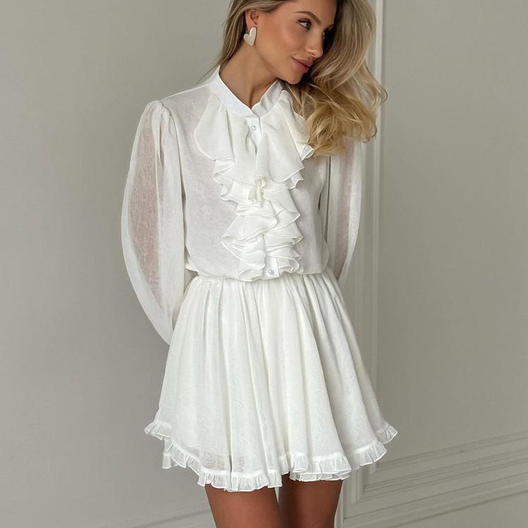 Women's White Ruffle Blouse and Mini Skirt Set Elegant Two Piece Outfit