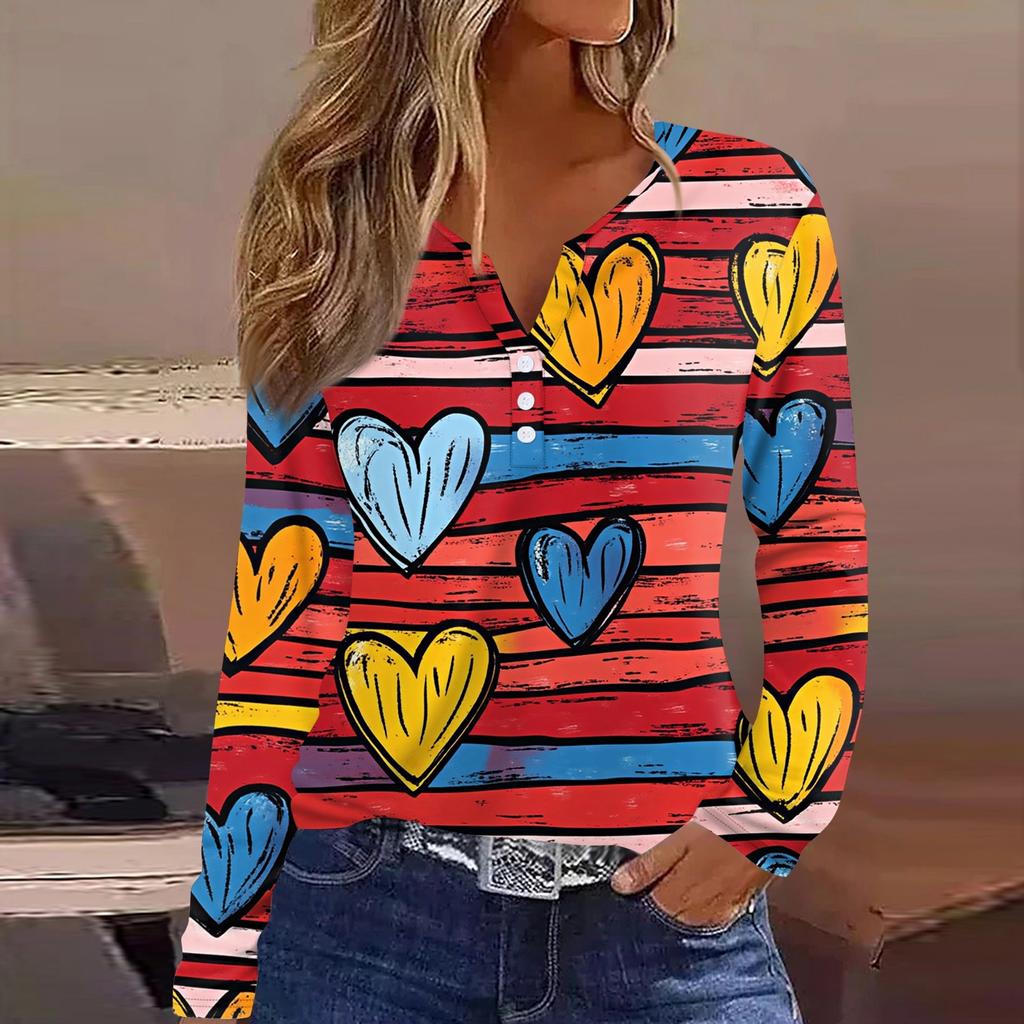 Women's T Shirt Tee Valentine's Day Printed Button Long Sleeve Tunic Daily Weekend Fashion Basic V- Neck Regular Top