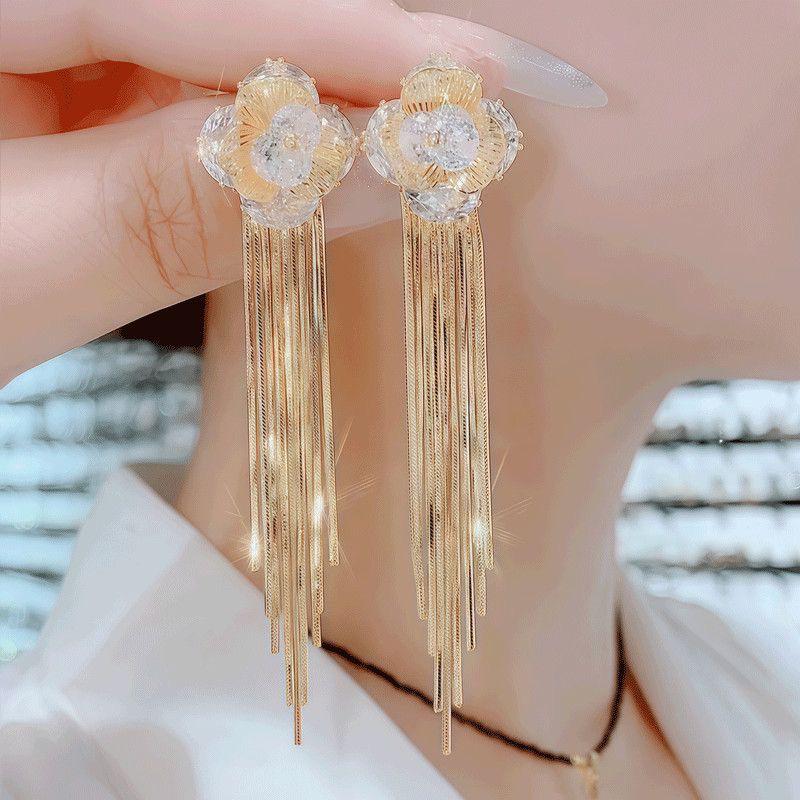 Korean Fashion Zirconia Flower Tassel Earrings: Versatile, Slimming, and Exaggerated for a Bold Personality.