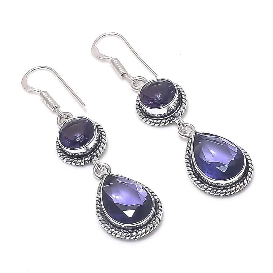 Natural Amethyst Gemstone Handmade 925 Sterling Silver Earring 2.17" s5r10