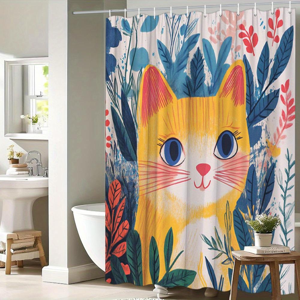 Waterproof Adorable Cat Shower Curtain With Colorful Flowers And Playful Design For A Fun Bathroom Look