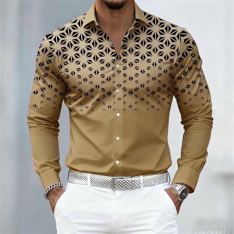 10 Colors of Men's Shirts, Fashionable Geometric Pattern Print Long Sleeve Shirts, Personalized Trendy Slim Lapel Casual Shirts