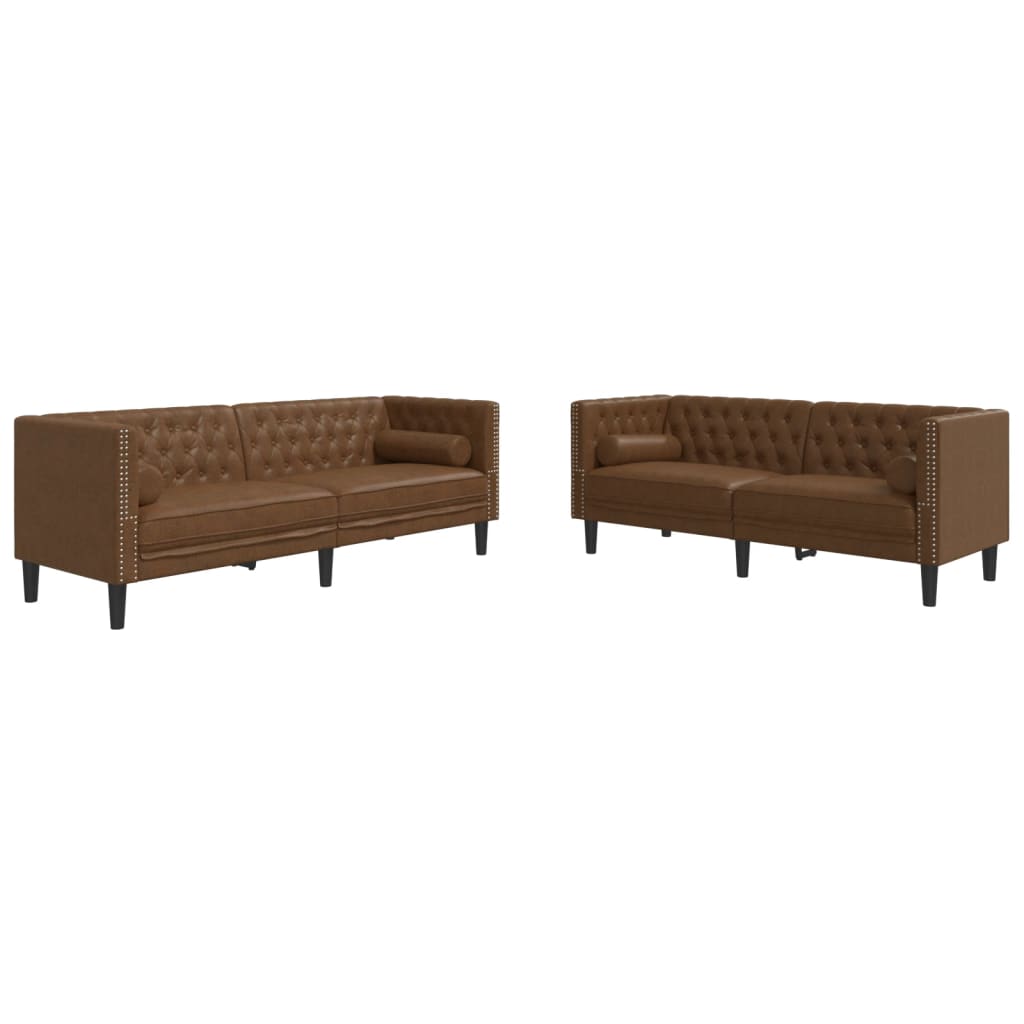 2-teiliges Chesterfield-Sofa-Set in Braunem Kunstleder mit Wildlederähnlicher Textur