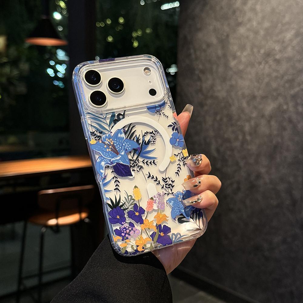 Flowers Element Design Transparent Magnetic Case for iPhone 12 16 15 14 13 17 Pro Max Air Wireless Charging For Magsafe Cover