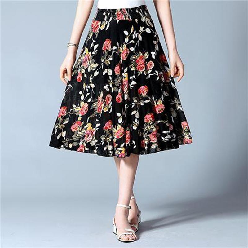Fuste cu flori de lungime mijlocie de vară cu talie elastică femei lejer casual din șifon din mătase de gheață rochie de plajă pentru femei
