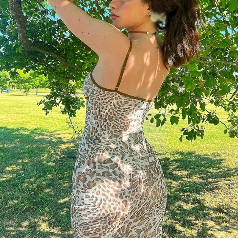 Damen Leopardenmuster Spaghetti-Träger Kleid Slim Rückenfrei Langes Kleid
