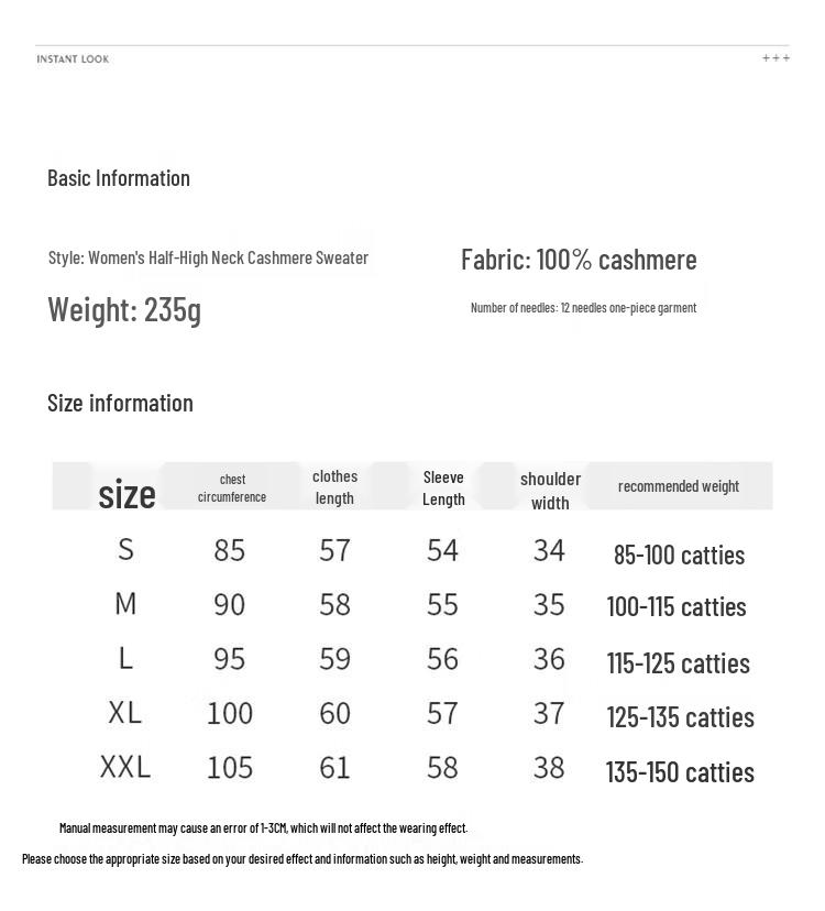 Fanzhen Women's 100% Cashmere Elegant Semi-High Collar Sweater