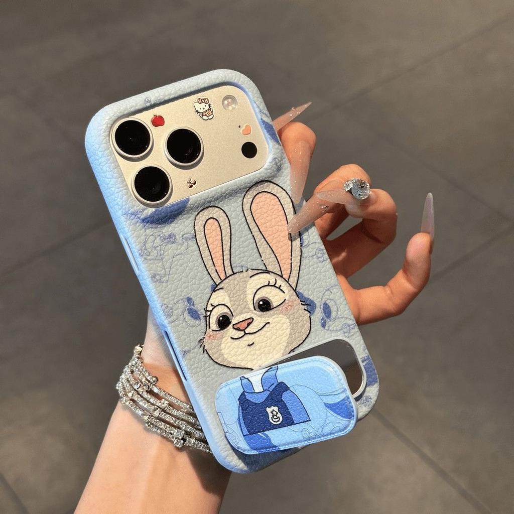 Applicable Apple 17PRO Couple Mobile Phone Case Judy Nick iPhone16 Cartoon Leather Pattern Mirror Bracket Case
