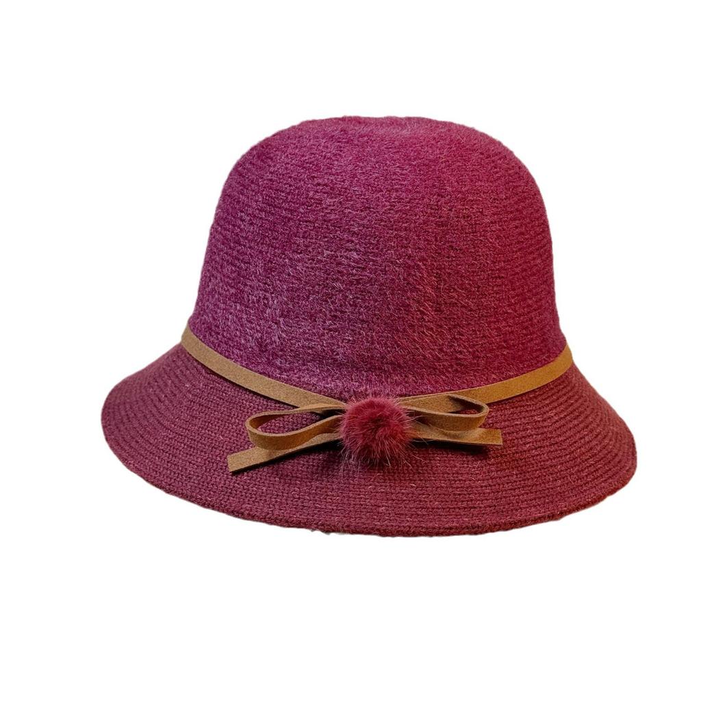Hat Women's Autumn and Winter Korean Style Versatile Bow Fisherman Hat Japanese Plush Dome Hat British Retro Small Top Hat