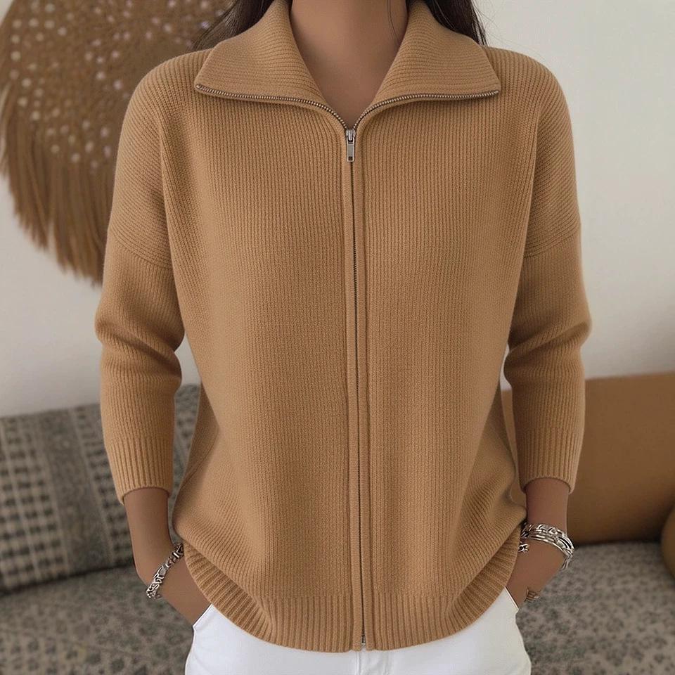 2026 European & American Zipper Knit Cardigan: Women's Autumn/Winter Casual Solid Color Fashion Sweater Outerwear