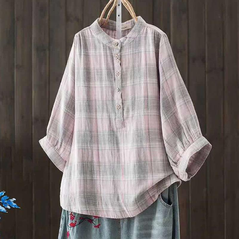 

Художественная клетчатая блузка с рукавами «летучая мышь», двухслойная хлопковая пряжа, рубашка со средним рукавом для женщин, рубашка из мягкого хлопка с рукавом пять четвертей One Size