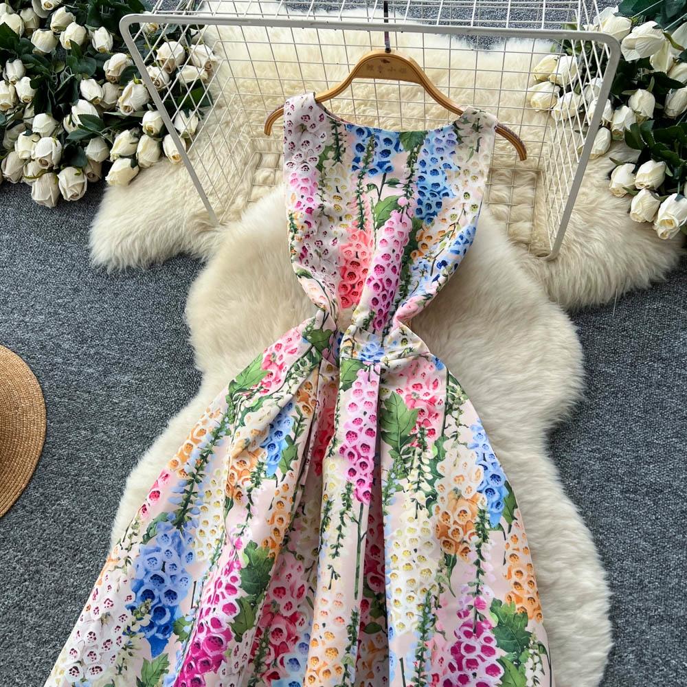 Robe sans manches à col rond imprimé style européen américain pour femmes, haut de gamme, niche, fête d'anniversaire, taille ajustée, bouffante, maxi