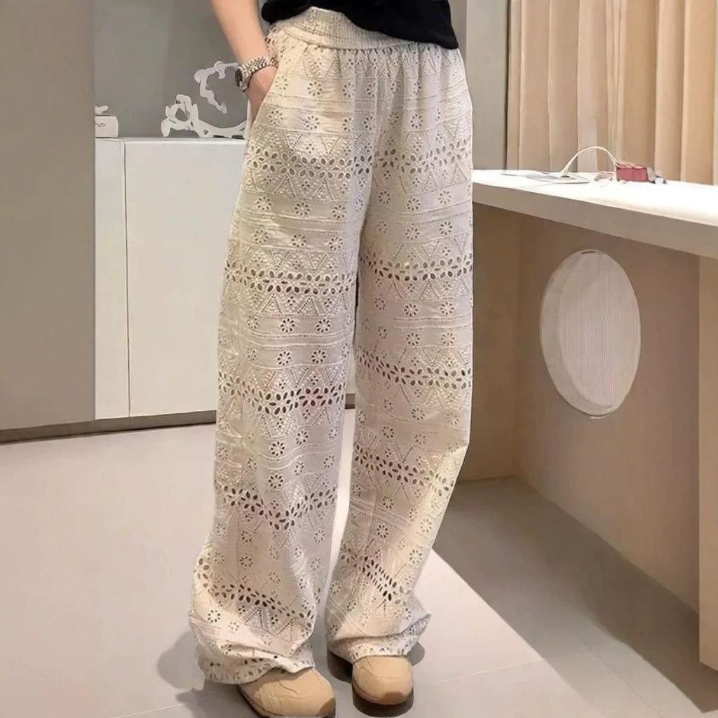 Women's High Waist Wide Leg Pants Straight Cut Hollow Lace Loose Casual Summer Trousers
