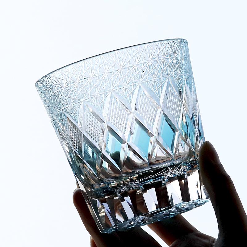 Sky Blue Edo Kiriko Japanese Style Whiskey Glass Tumbler 11 Oz Old Fashioned Glasses Sky Blue Hand Carved In Gift Box