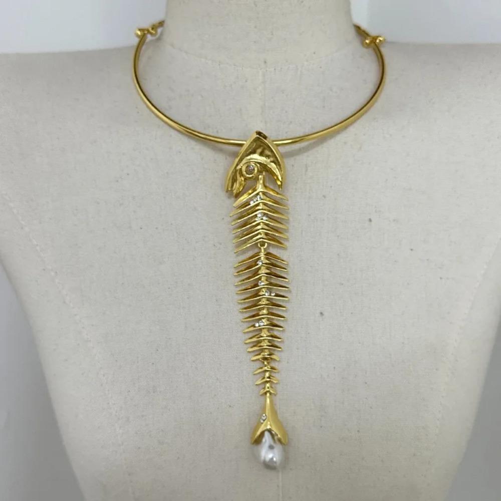 Zink Zinklegering Stor Fiskeknoglet Vedhæng Choker Halskæde Nyhed Design Fiskeknoglet Halskæde Til Kvinder