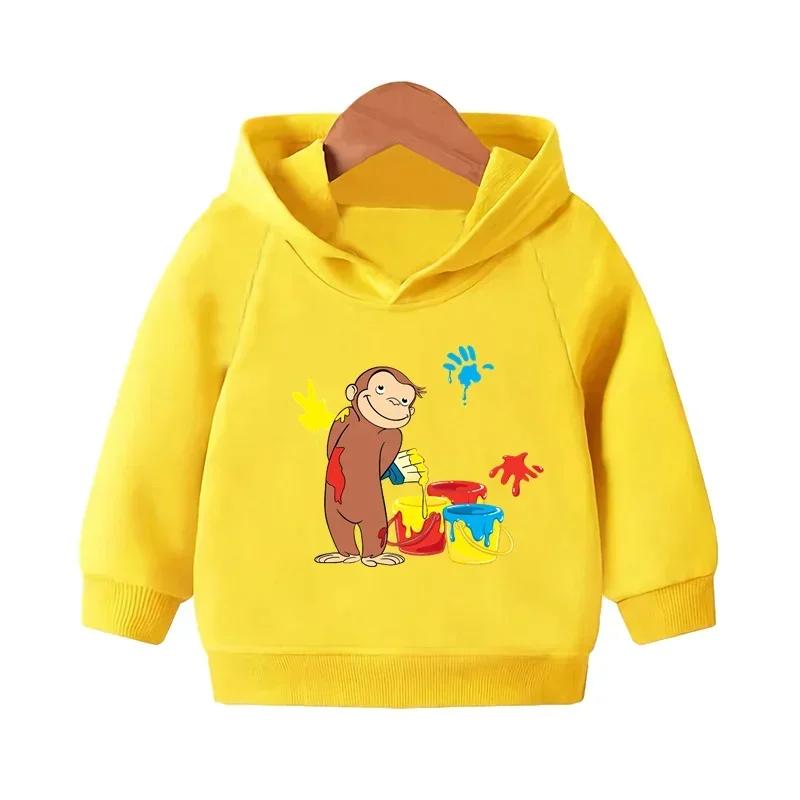 Curious George Cute Monkey Print Funny Kids Hooded Hoodies Girls Clothes Children Sweatshirts Autumn Baby Pullover Tops