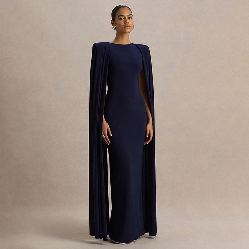 Elegant European Style Autumn/Winter Women's Evening Gown - Solid Color, Pleated, Round Neck, Waist-Cinched Skirt