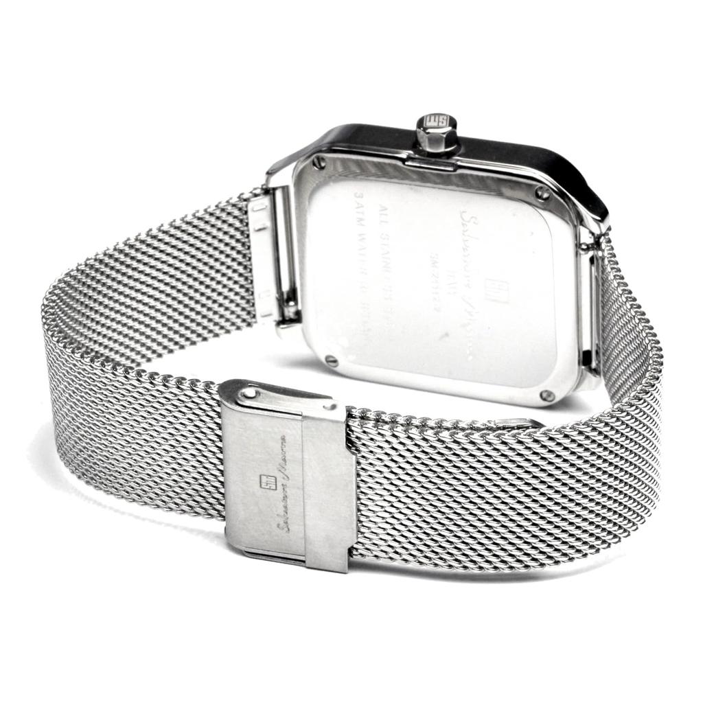 Moon Phase Square Square Multi Calendar Business Formal Stainless Steel Mesh Belt Limited Model Silver White [Salvatore Mara] Men's SM24112-SSWHM