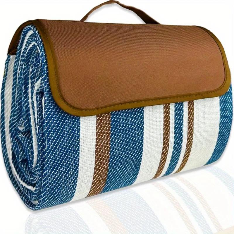 Blue White Striped Large Picnic Blanket - 1pc Dual Layer Nylon Coarse Knit Durable All-Season Outdoor Mat with Carry Handle