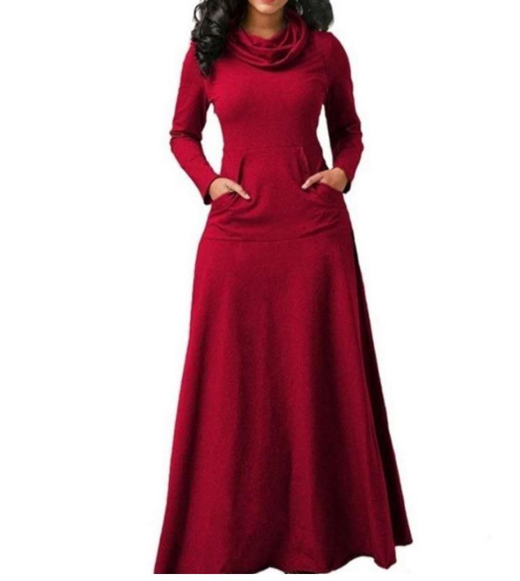 Autumn and winter solid color patchwork interface pocket neck long dress autumn and winter long dress