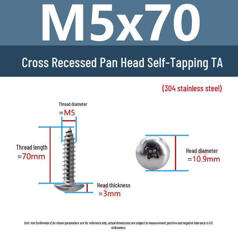 304 Stainless Steel Large Flat Head Self-Tapping Screws, TA Umbrella Head, Pointed Tail, M2-