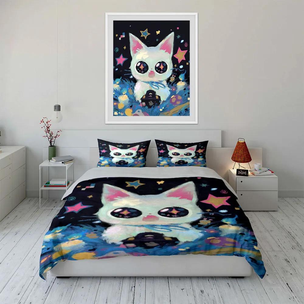 Cute Cat Starry Night Decoration Set Soft Comfortable Duvet Cover Bedding Set Included 1*Duvet Cover & 2*Pillowcases Gift