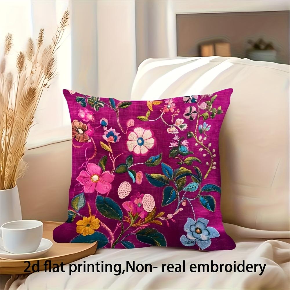Pillow Cover Fuchsia Magenta Boho Flower Print Rustic Linen Texture Cushion Case For Sofa Couch Bohemian Home Decor