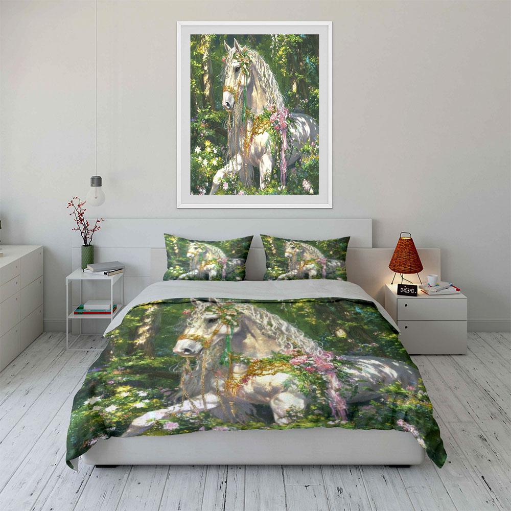 Floral Horse Decor Set Bedding Set With 1 Duvet Cover 2 Pillowcases Single Double King Queen, Gift