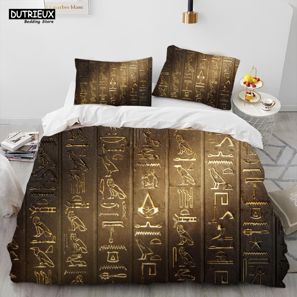 Egyptian Mythology Pharaoh Hieroglyphics Comforter Bedding Set,Duvet Cover Bed Set Quilt Cover Pillowcase,Queen Size Bedding Set