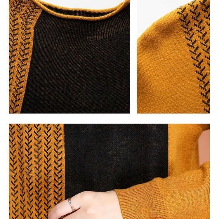 Women's Crew Neck Plus Size Knit Dress Autumn and Winter Color-Block Pullover Sweater Dress Over-the-Knee Mid-Length Knit Sweater