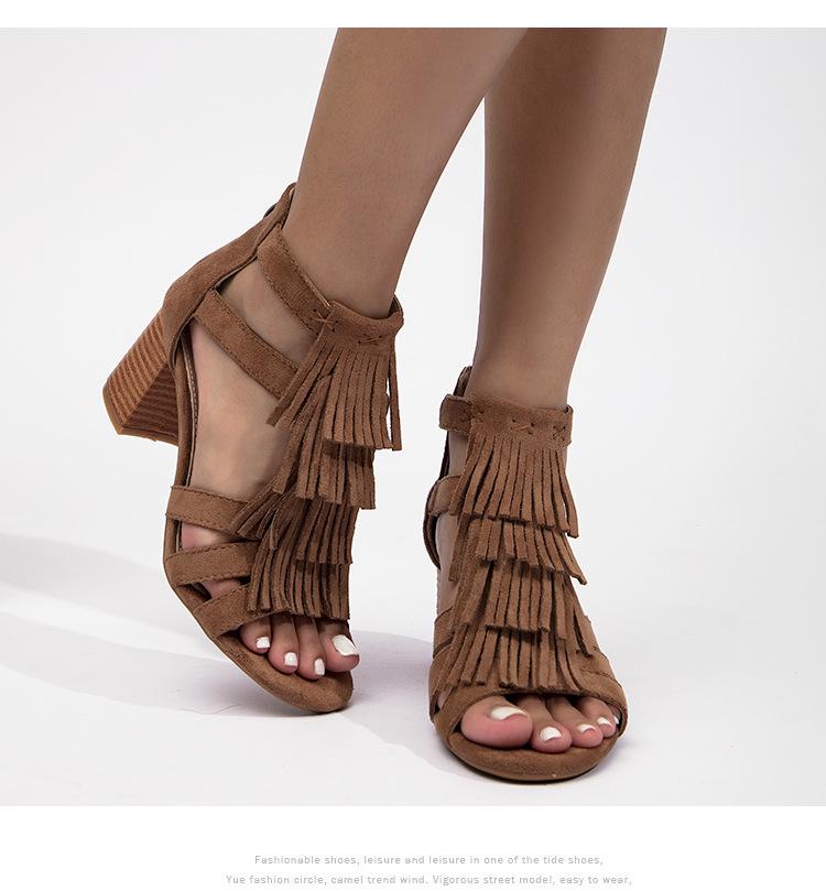 2025 Women's Chunky Heel Tassel Ankle Boots Peep Toe, Back Zipper, Roman Style Sandals