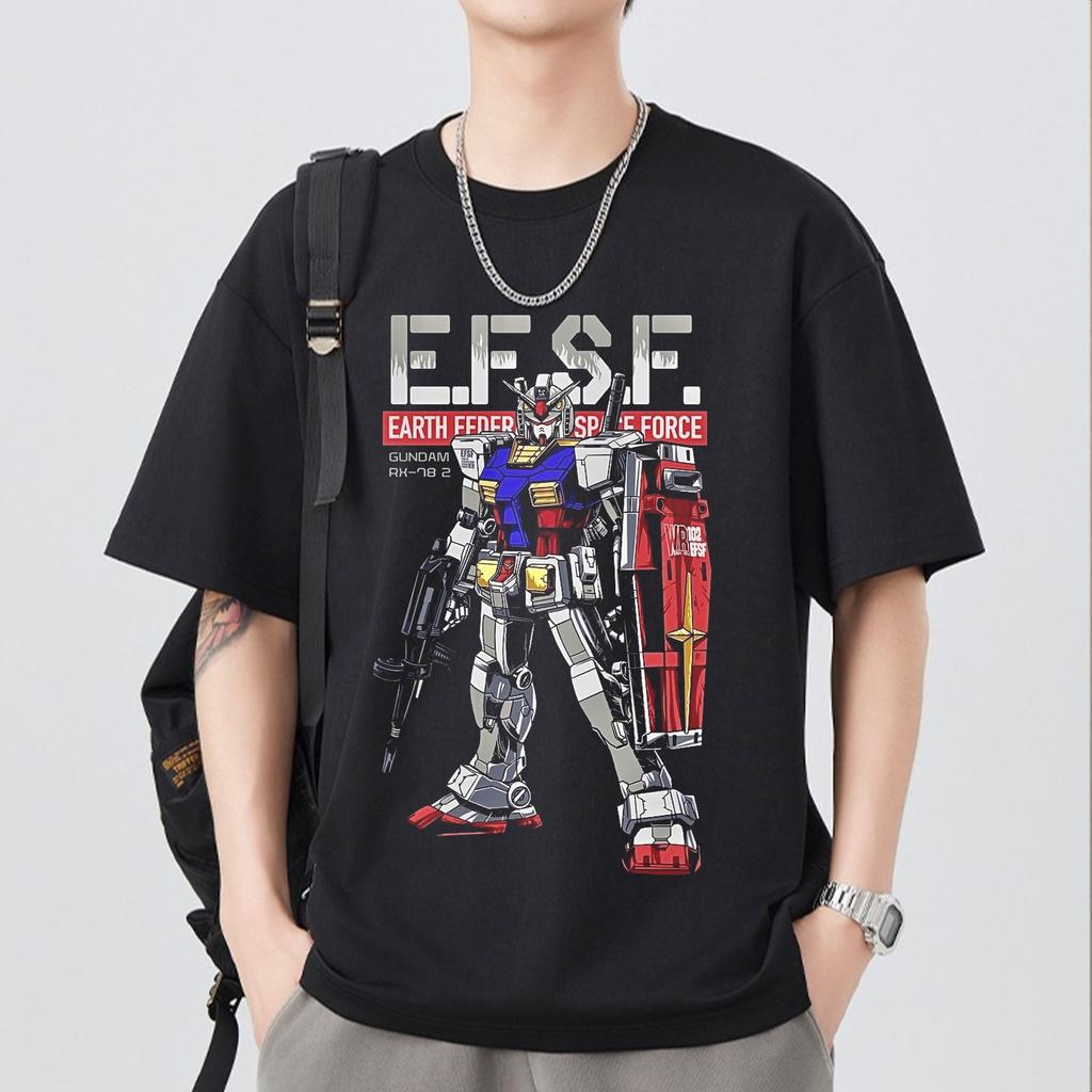 Japanese Anime Mobile Suit RX Gundam Summer Short Sleeve Cotton Print Tshirts Unisex Women Harajuku Yk Streetwear Tee Tops