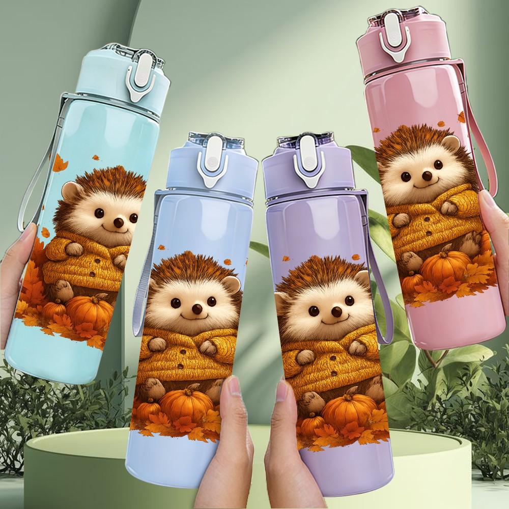 1PC Autumn Leaves Hedgehog Illustration 750ml Color Plastic Sports Water Bottle Leakproof Flip Straw Lid Suitable for Sports Office Home Use
