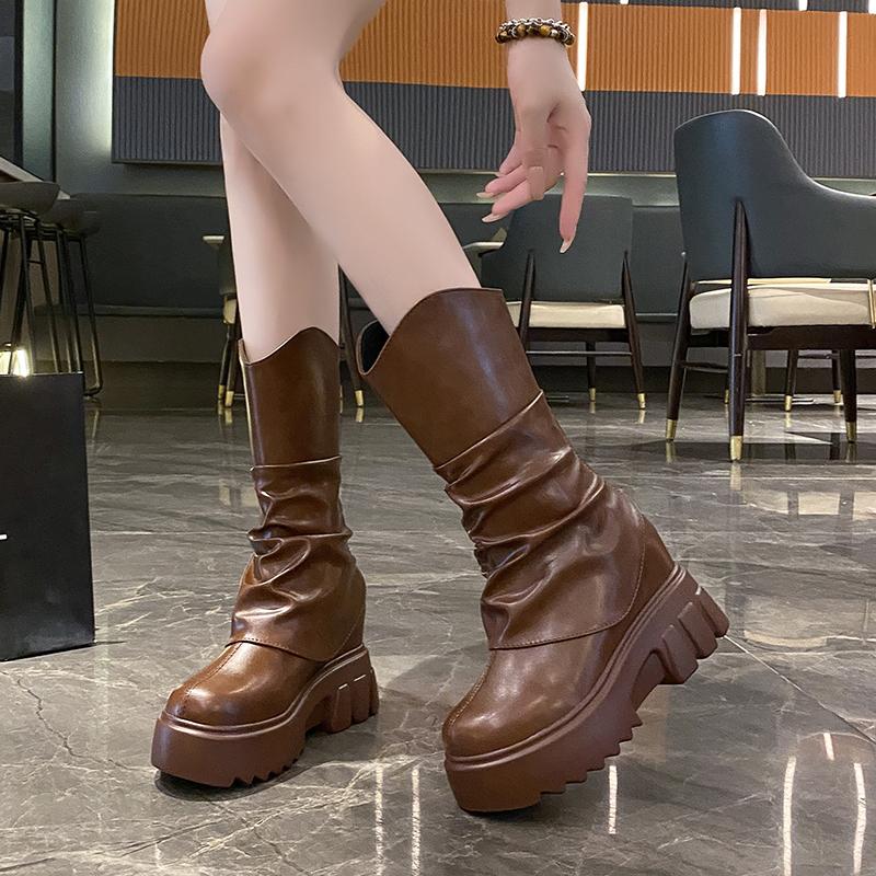 New 9cm Platform Increase Women Ankle Boots Fashion Back Zippers Shoes Autumn Winter Thick Heel Non Slip Ladies Short Booties