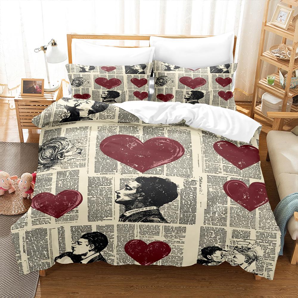 Love Heart And Newspaper Splicing Bedding Set Comforter Cover Soft Romantic Duvet Cover  For Girls Women Room  Valentine's Day