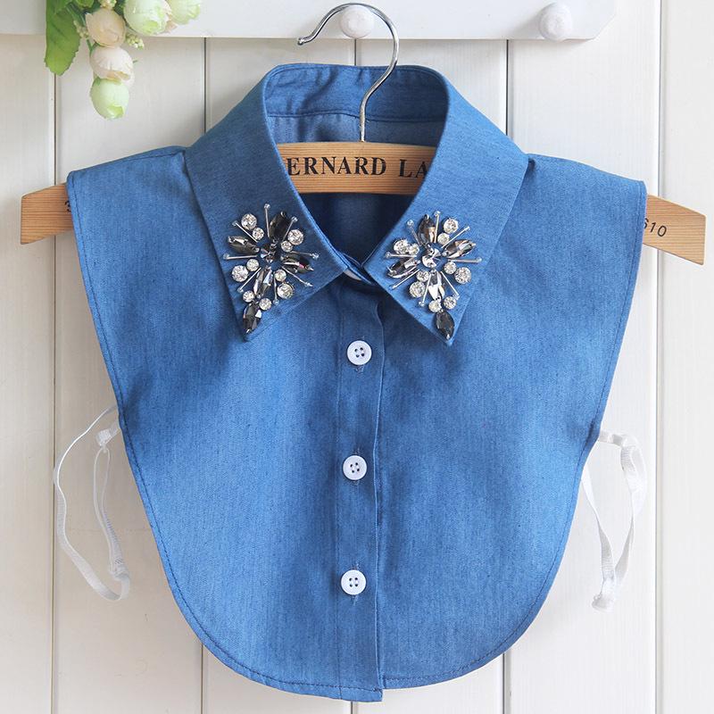Korean Style Autumn/Winter Women s Denim Shirt Collar with Four-Leaf Diamond Decoration