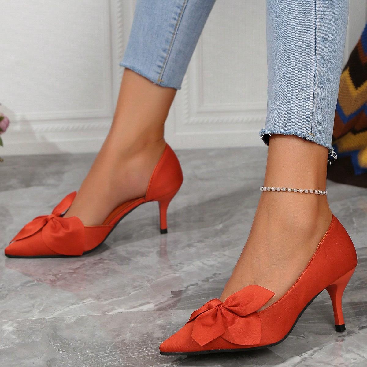 

Новые модные милые тонкие каблуки на высоком каблуке с заостренным носком и сексуальными замшевыми бантами женские туфли 43 оранжевый