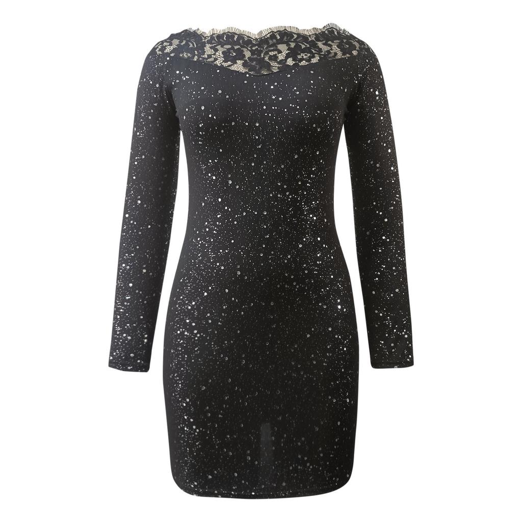 Women's Off Shoulder Sequin Bodycon Mini Dress – Lace Trim Long Sleeve Party Dress