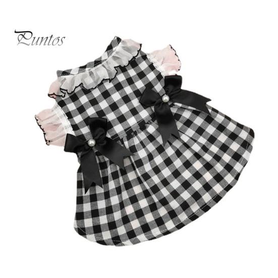 Cat Bowknot Dress Dog Round Neck Lace Patchwork Fake Pearls Decor Pet Plaid Print Princess Daily Wear