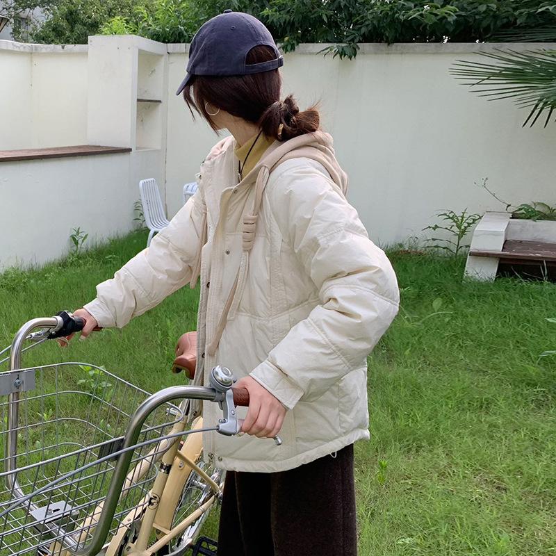 

Hooded little college down jacket women s short 2025 winter fashion twist rope warm white duck down bread jacket S