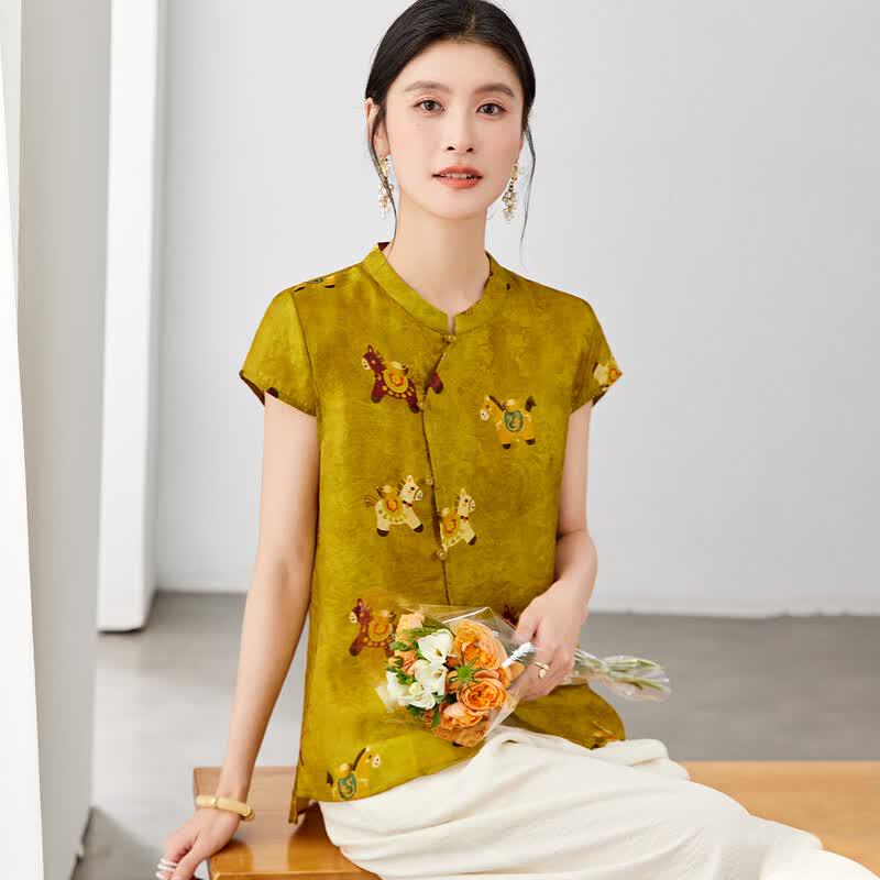 New Chinese Style Playful Pony Print Stand Collar Shirt