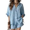 1116 New Summer Solid Color Women's Loose Breasted Shirt Shorts Fashion Casual Suit Large Size Shirt Suit
