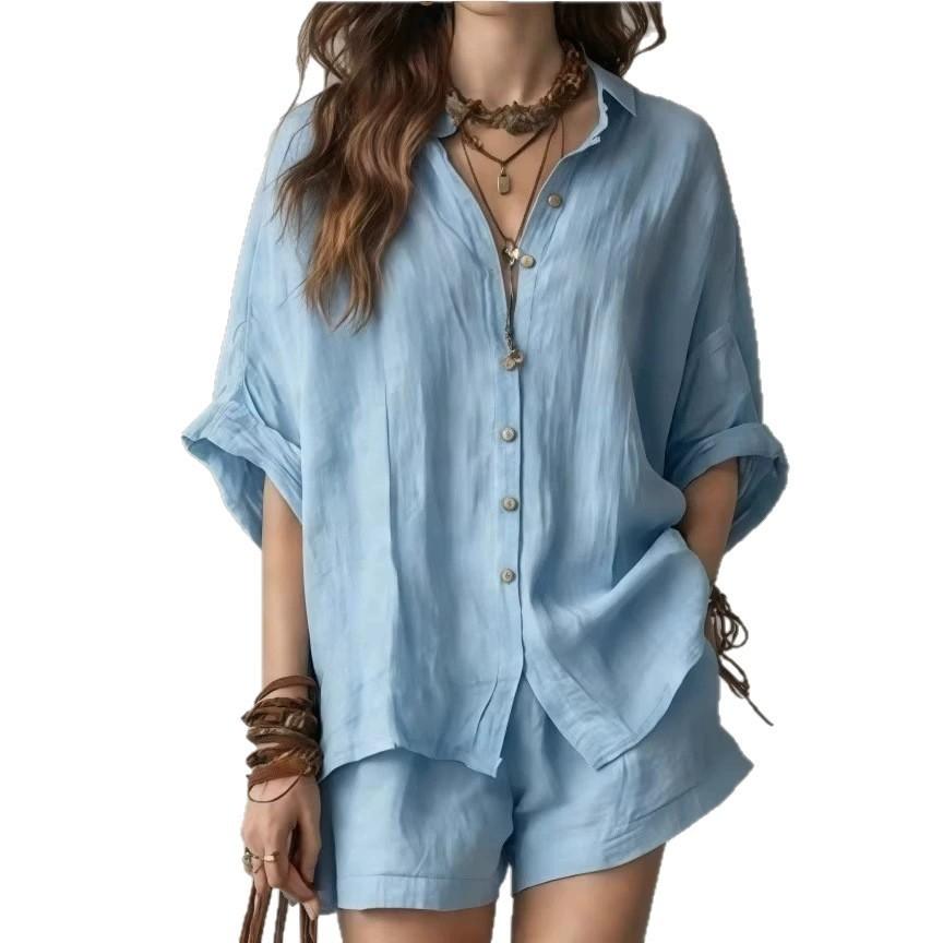 1116 New Summer Solid Color Women's Loose Breasted Shirt Shorts Fashion Casual Suit Large Size Shirt Suit